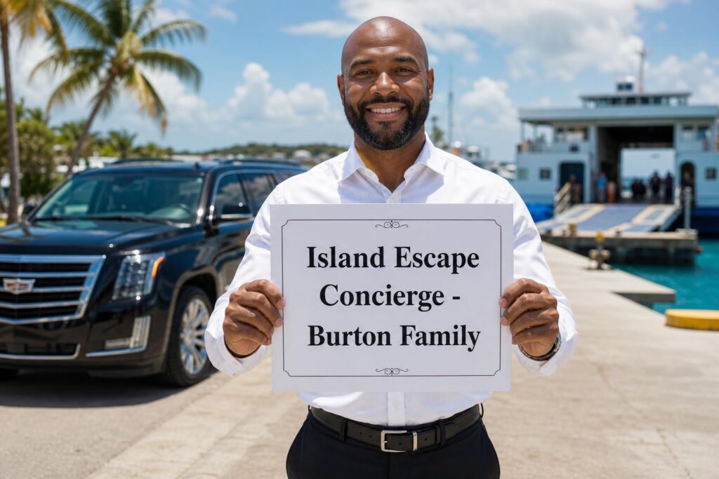 Driver holding an Island Escape Concierge name sign at the dock