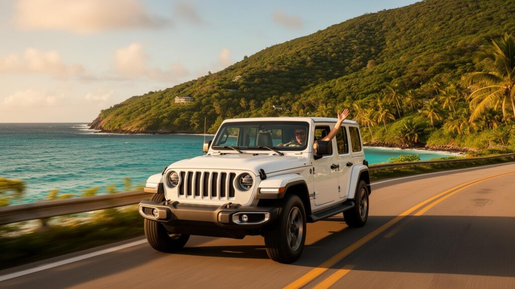 White Jeep driving along a coastal island road