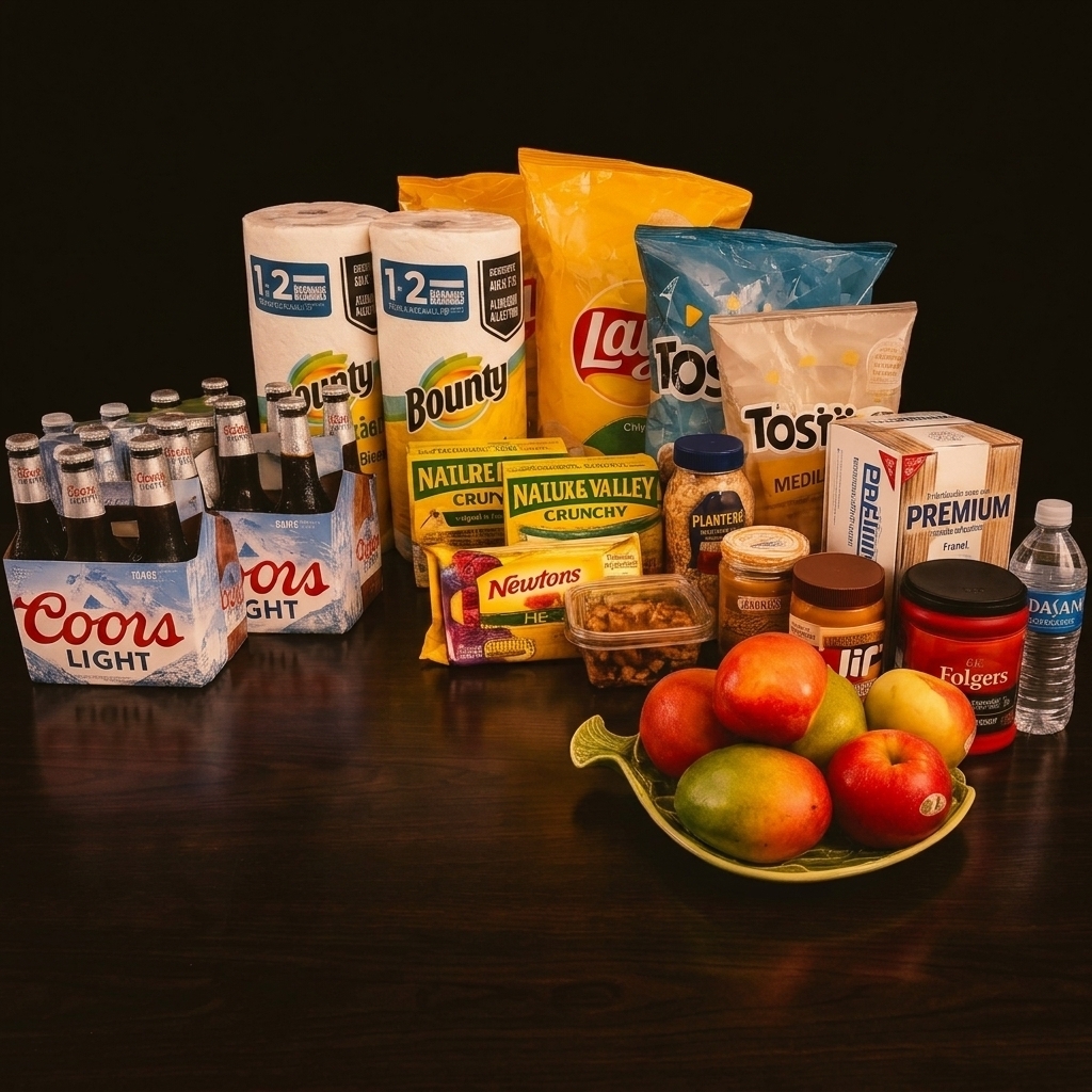 Groceries, drinks and fresh fruit arranged on a table
