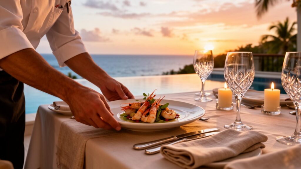 Chef serving a seafood dish at a sunset table