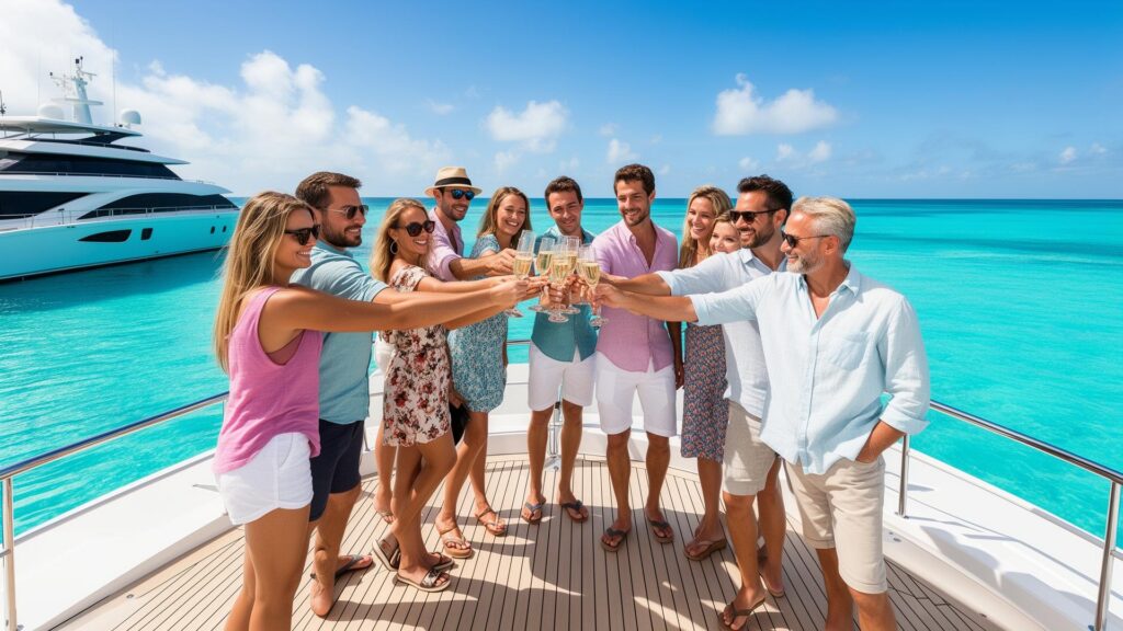 Guests toasting with champagne on a yacht deck