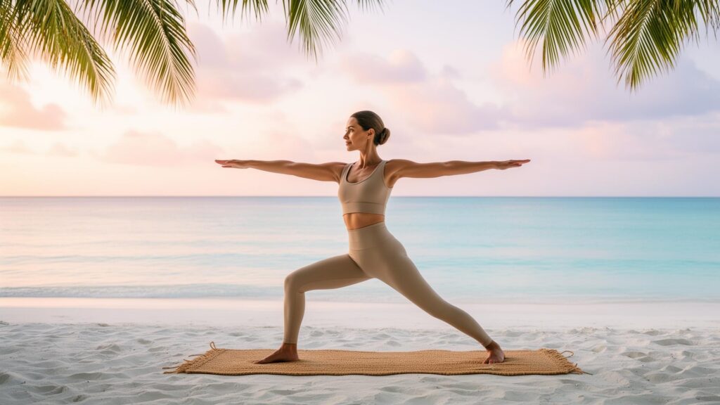 Woman practicing yoga on the beach at sunrise