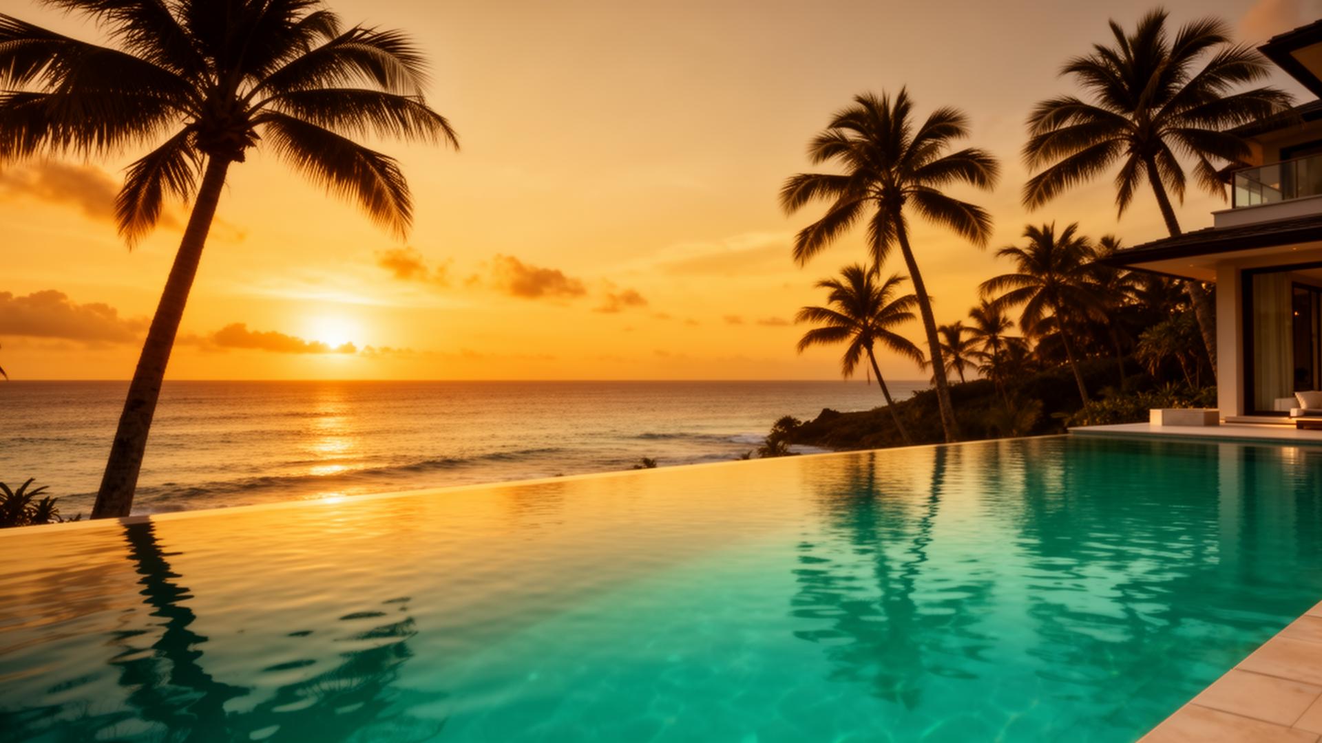 Caribbean villa pool at sunset