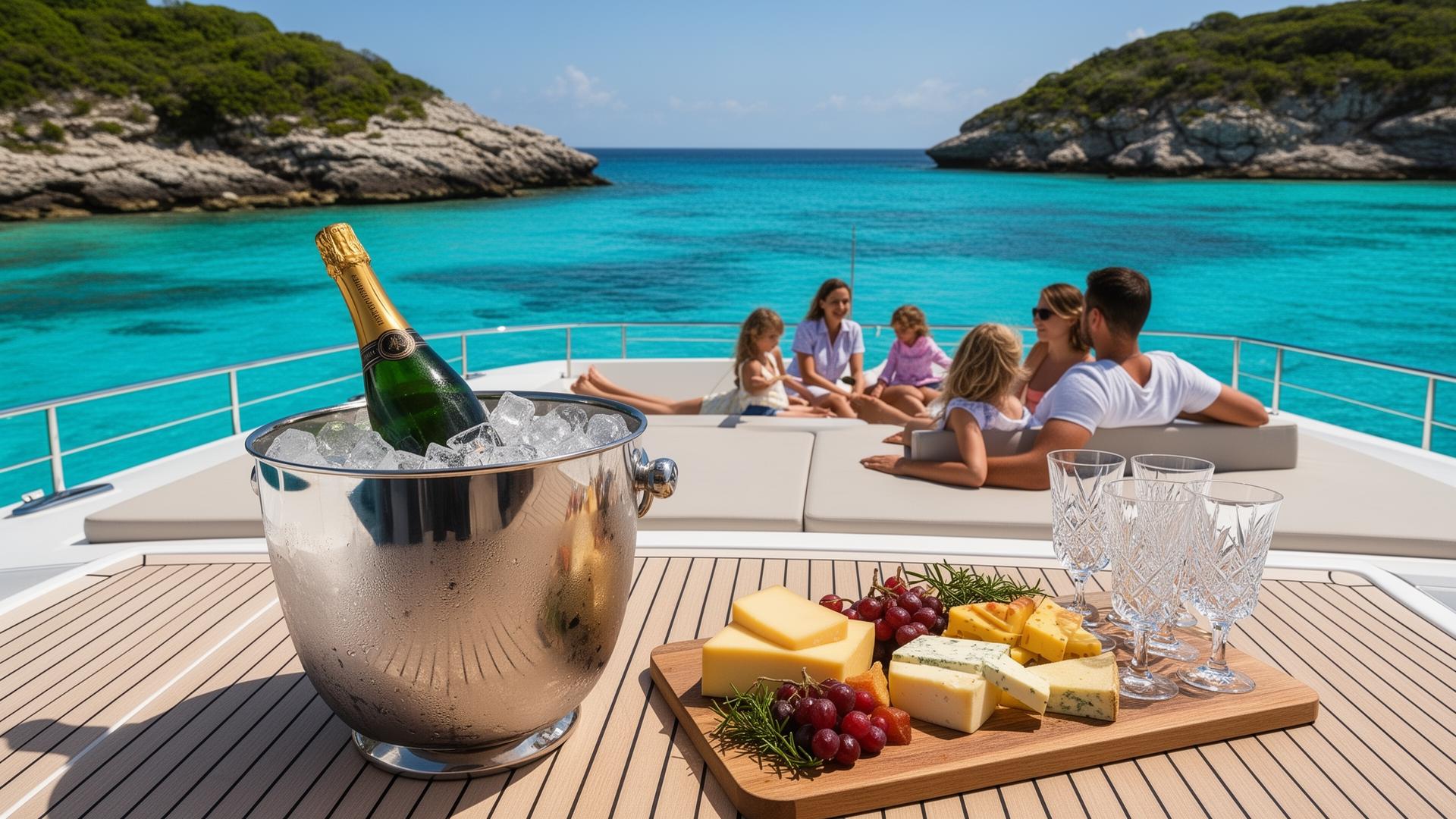 Family relaxing on a yacht deck in a turquoise bay