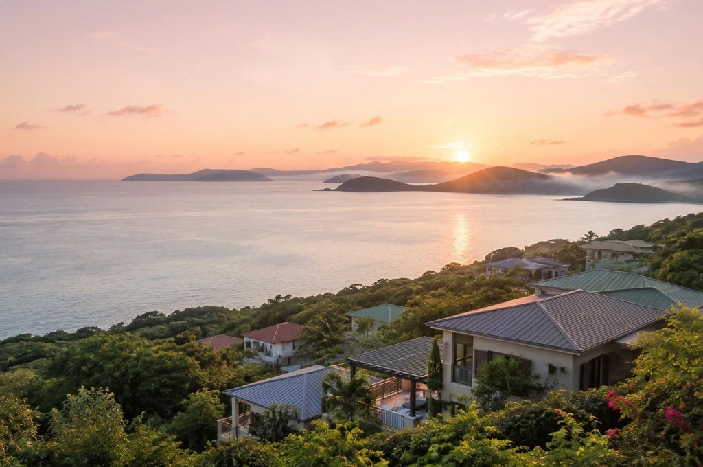 Island coastline and hillside villas at sunrise