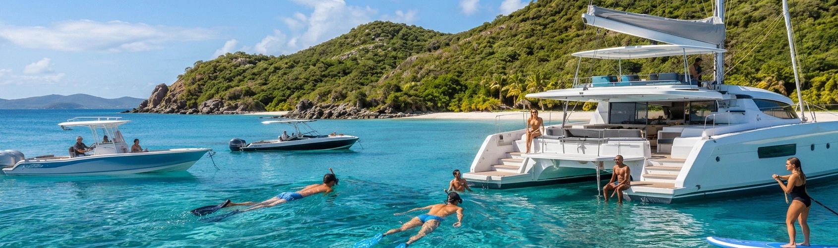 Catamaran and boats anchored off a green island