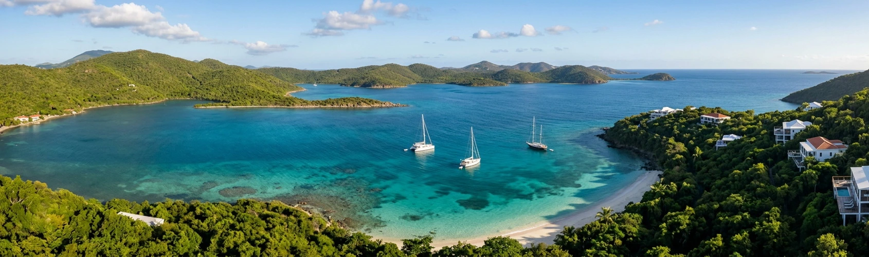 Sailboats anchored in a turquoise island bay